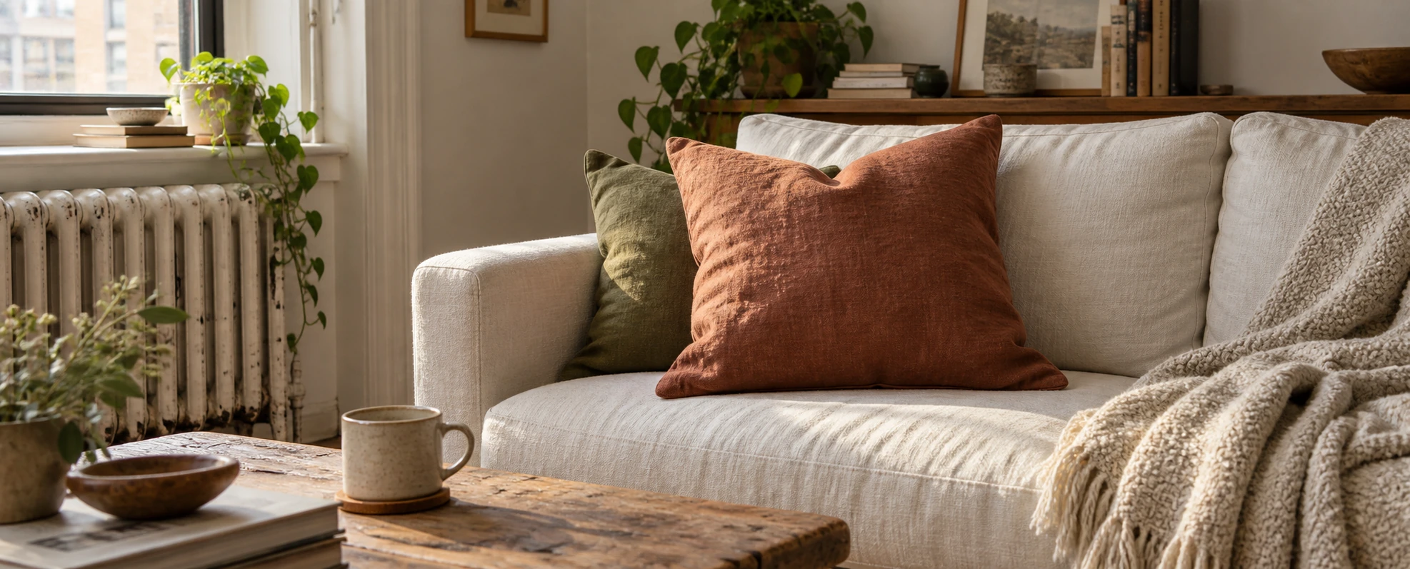 A rust linen pillow sitting plump and square in the corner of a cream sofa, an olive pillow behind it and a nubby throw over the arm.