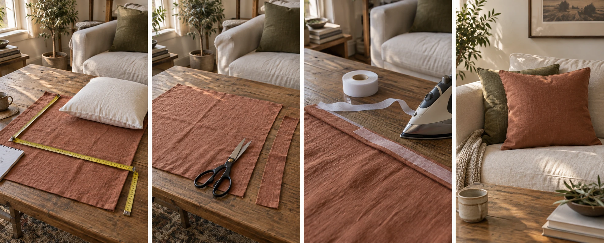 Four panels shot on the same coffee table in the same light: a tape measure laid across the rust linen beside the bare white insert, shears resting on the cut front panel with the two back strips beside it, the roll of fusible tape and the iron working along a folded edge, and the finished rust pillow sitting square on the sofa.