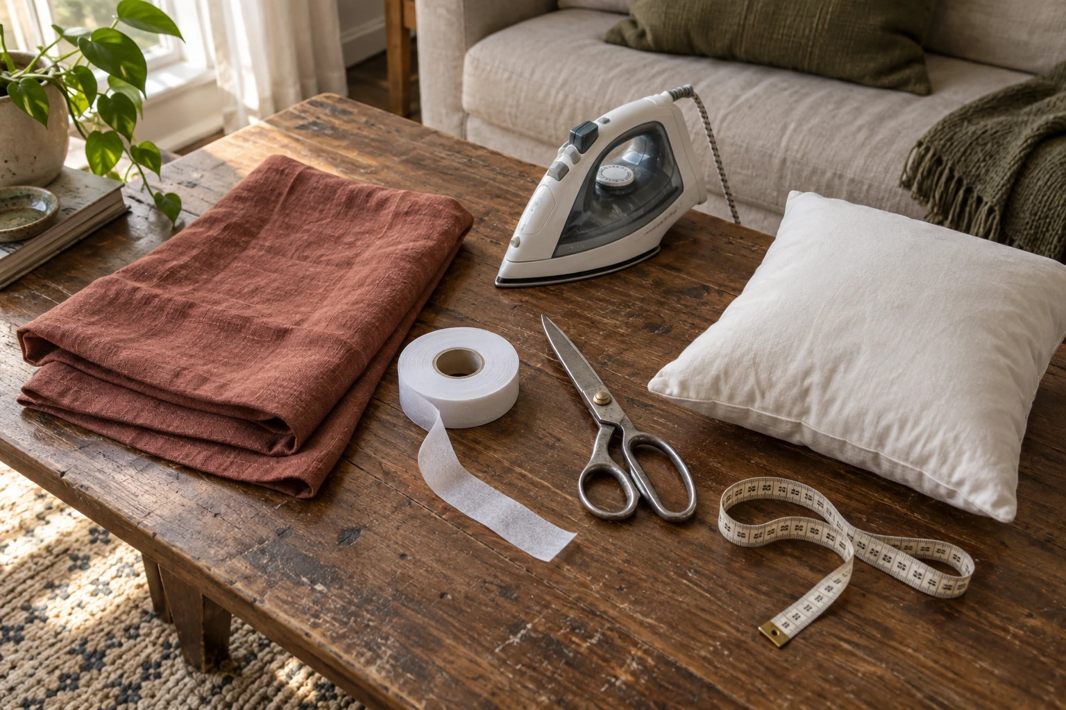 Everything laid out on a wooden coffee table: folded rust linen, a steam iron, a roll of white fusible hem tape with a strip pulled loose, a pair of steel shears, a soft tape measure and a plain white pillow insert.