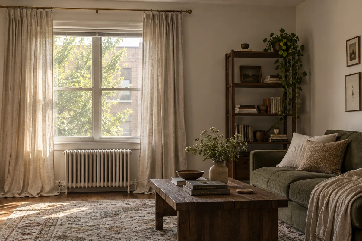 A living room window with two sheer linen panels on a brass rod mounted high and running well past the frame, the panels pushed to the sides and reaching the floor, with a radiator under the window.