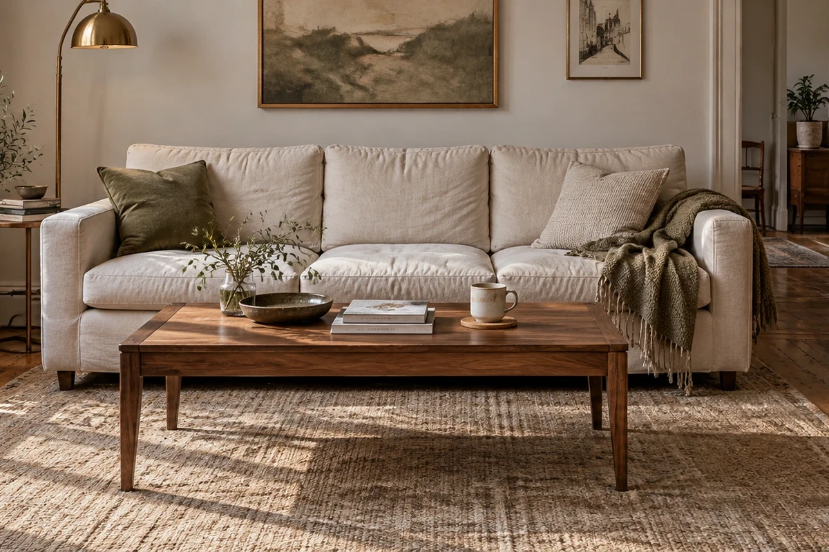 A walnut coffee table in front of a cream linen sofa on a jute rug, with a glass vase of greenery, a stone bowl, two books and a mug on top, and an olive throw over the arm of the sofa.