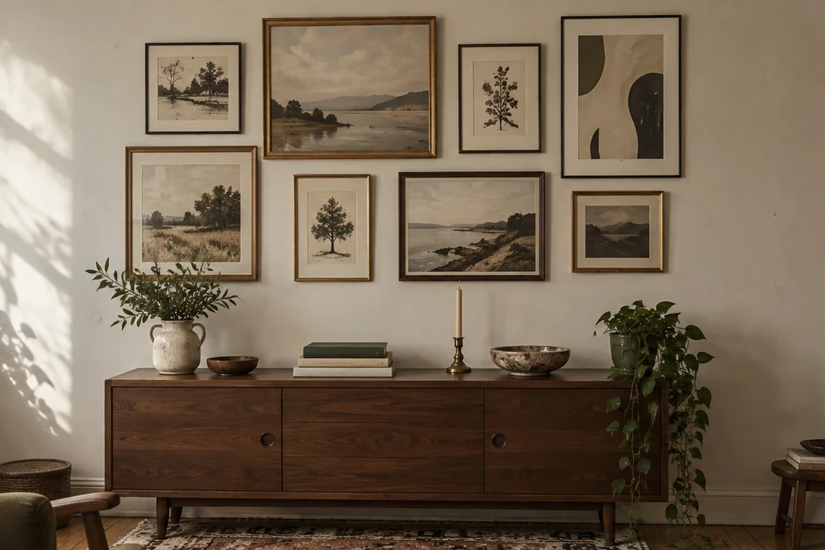 Eight framed prints hung in two loose rows above a walnut sideboard, the largest a landscape in a wide gilt frame near the top left. On the sideboard, a white jug of greenery, a small bowl, a stack of books, a brass candlestick, a stone bowl and a trailing plant.