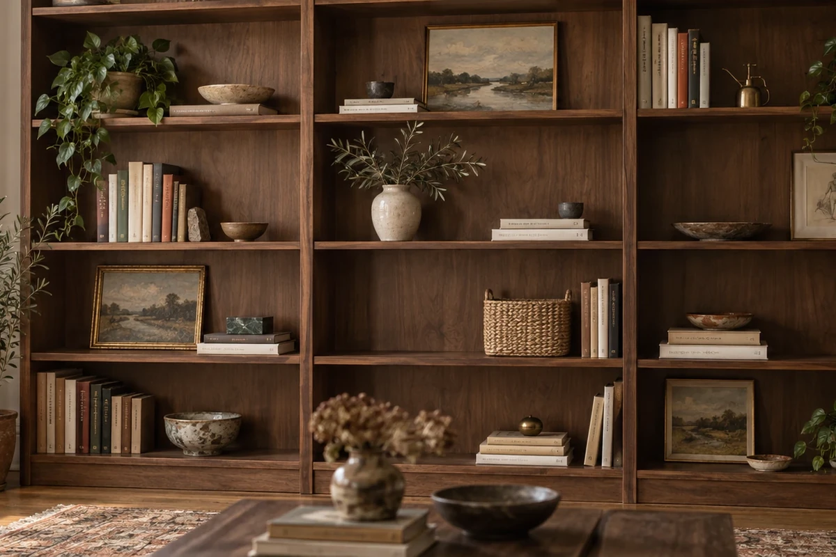 A tall walnut bookcase styled shelf by shelf: books standing and in flat stacks with small bowls on top, a vase of olive branches, a woven basket, framed landscapes leaned at the back of a few shelves, and bare board left on almost every shelf.