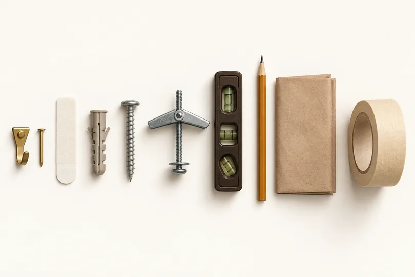 Picture hanging hardware lined up from light to heavy: a brass hook and nail, an adhesive strip, a drywall anchor, a screw, a toggle bolt, then the planning tools, a torpedo level, a pencil, a folded sheet of kraft paper and a roll of blue painter's tape.