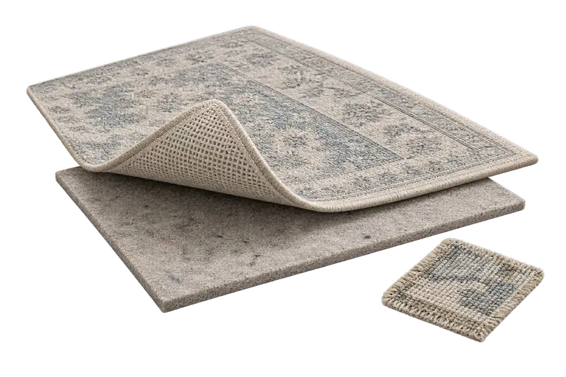 What a low pile rug is made of: the rug with one corner folded back to show the woven non-slip underside, a quarter inch felt pad lying underneath it, and a corner swatch of the pile beside them.