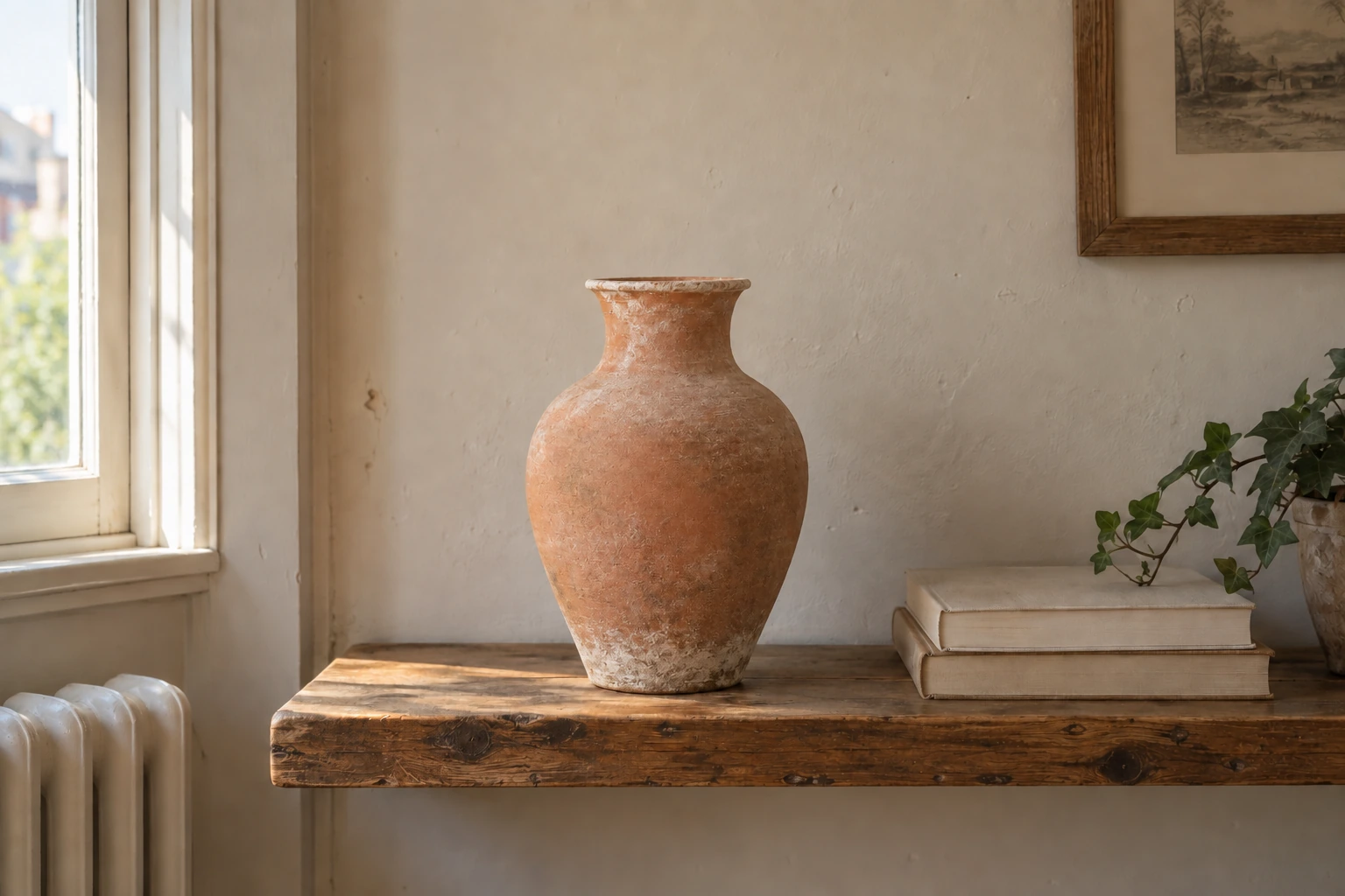 The same vase in the same place on the same shelf, now aged with a chalky pale patina.