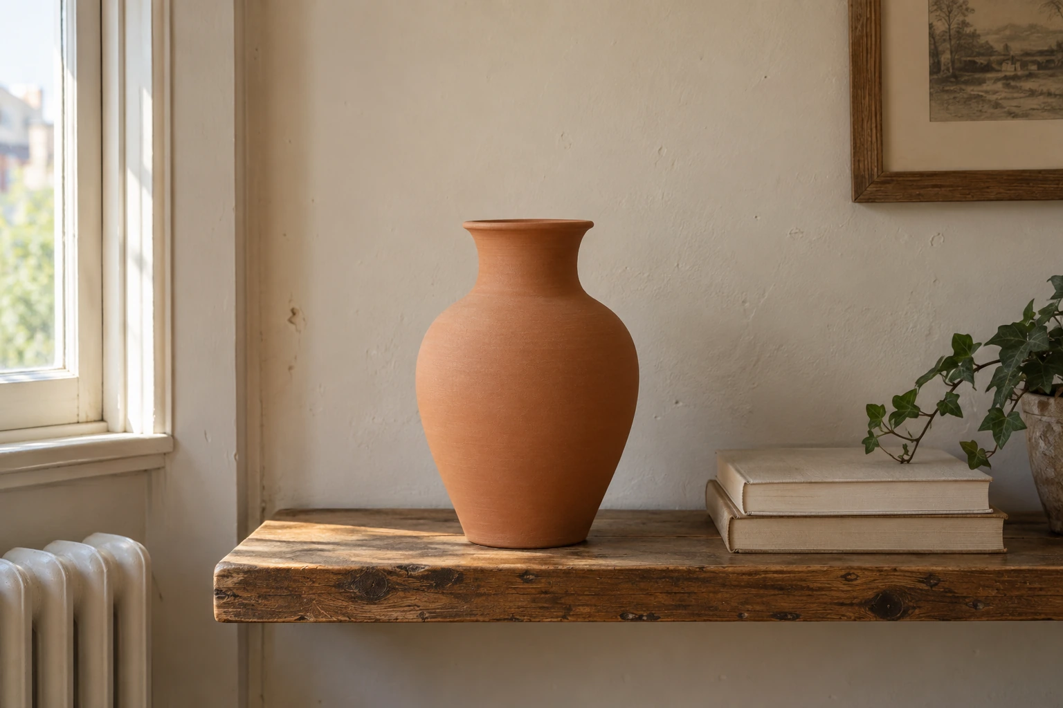A brand new smooth terracotta vase on the shelf, straight out of the box.