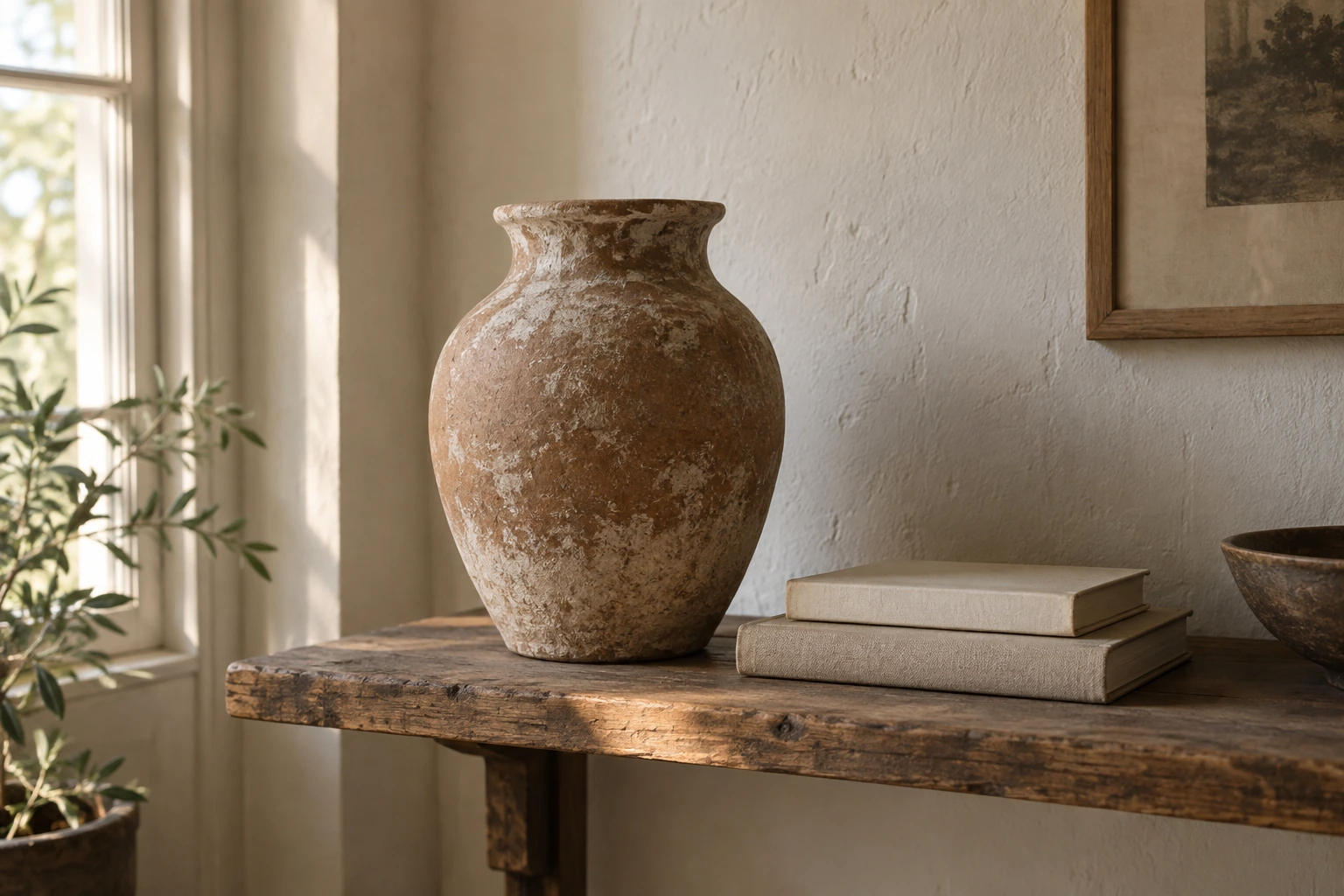 The finished aged terracotta vase on a worn wooden console table, chalky pale patina across the rim and base, soft side light, two books beside it.
