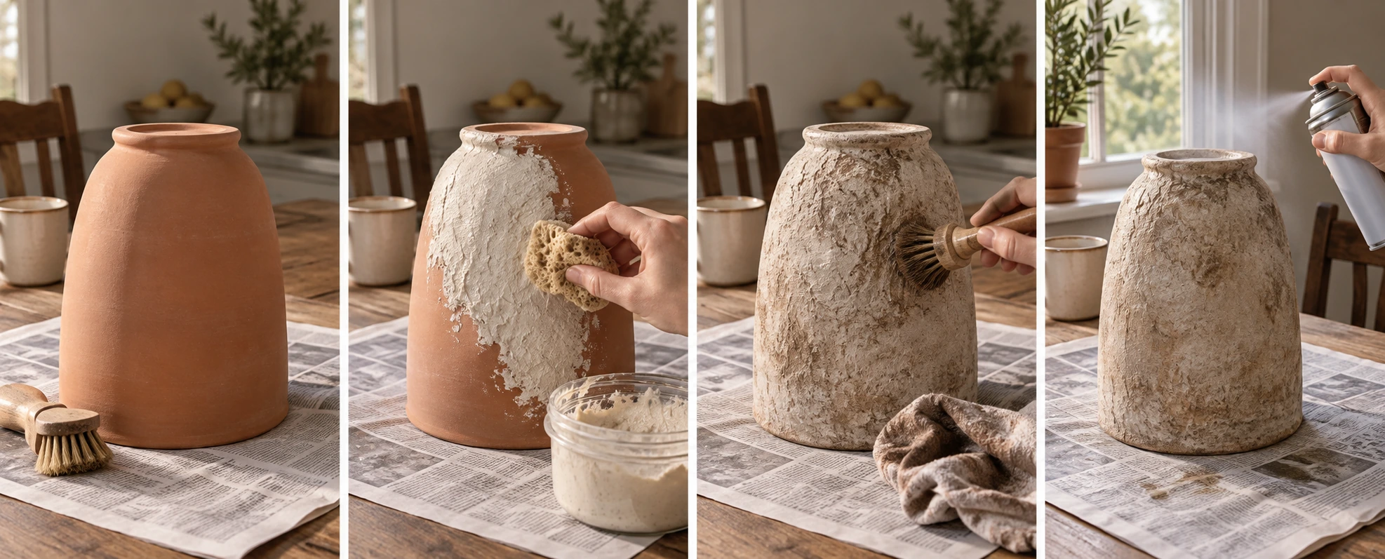 The four steps on one table: scrubbing the pot clean, sponging on thickened cream paint, dragging earth brown across the chalky texture, and a light pass of matte spray sealer by an open window.
