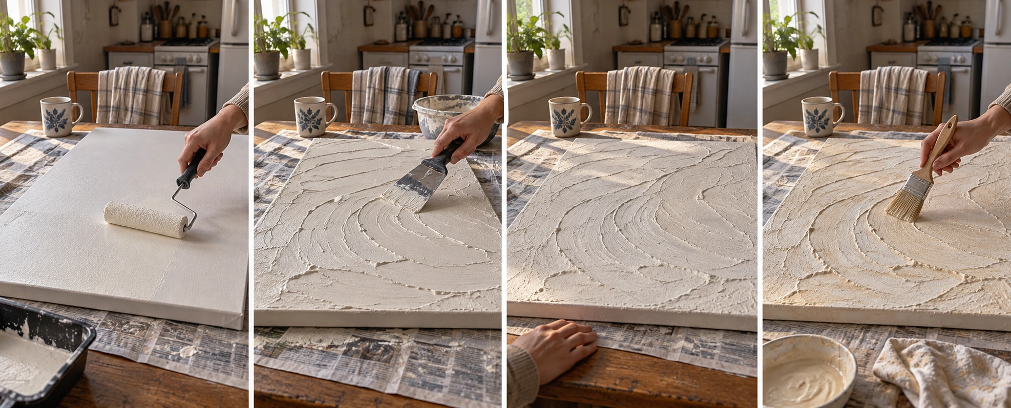 The four steps on one kitchen table: priming the canvas, spreading joint compound in arcs, the textured canvas drying flat, and dry brushing paint into the ridges.