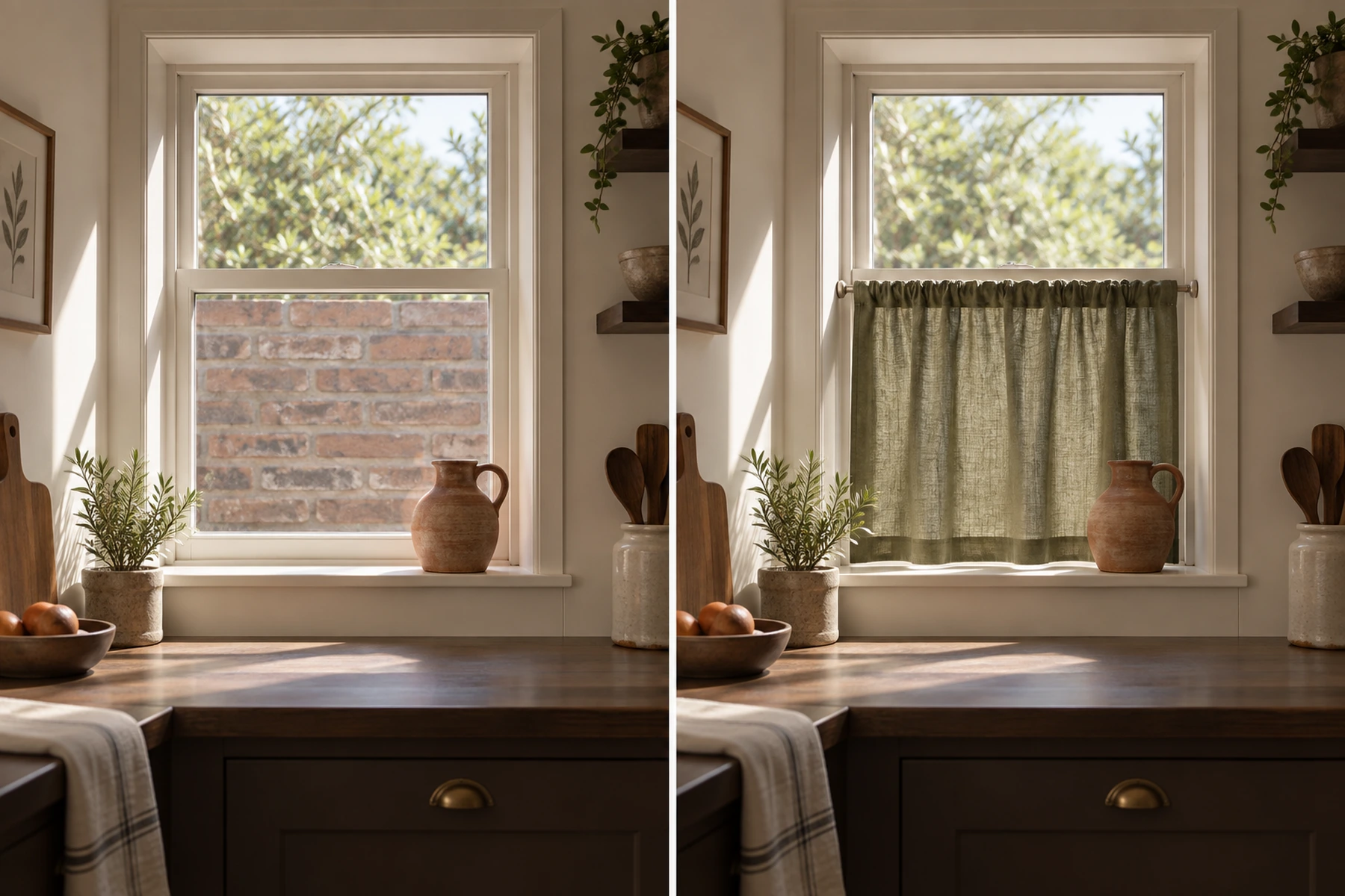 The same small kitchen window photographed twice from the same spot. On the left it is bare and the lower half of the glass looks straight onto a brick wall a few feet away. On the right an olive linen tier curtain on a slim rod inside the opening covers that lower half, while the top half stays clear and bright with trees and sky. The same ceramic jug sits on the sill in both.