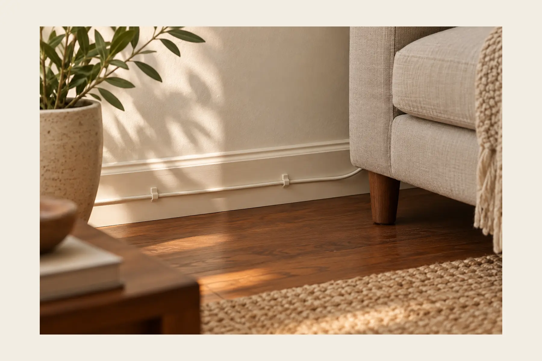 A sconce cord clipped in a straight vertical line down the wall to the outlet, the whole run tidy and flat.