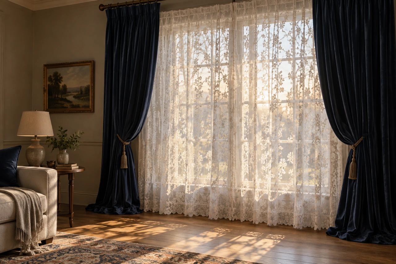 A living room window seen at an angle from inside, so the gap between the two layers shows: white floral lace closed against the glass on the back rod, and navy blue velvet panels tied back on the longer front rod, both reaching the floor.
