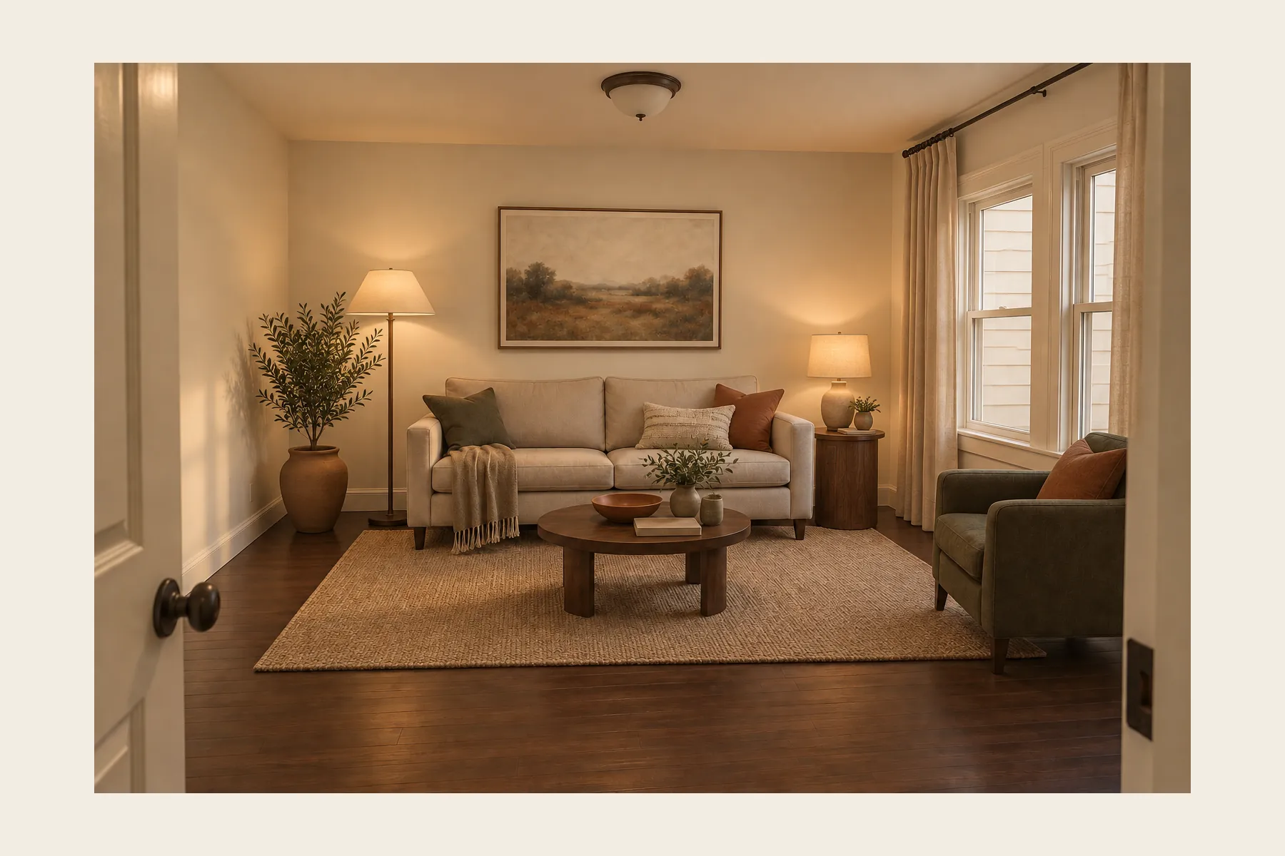 The same room after: a dark frame above the sofa, a chunky throw, a lit table lamp and floor lamp, and a larger rug reaching under the front legs.