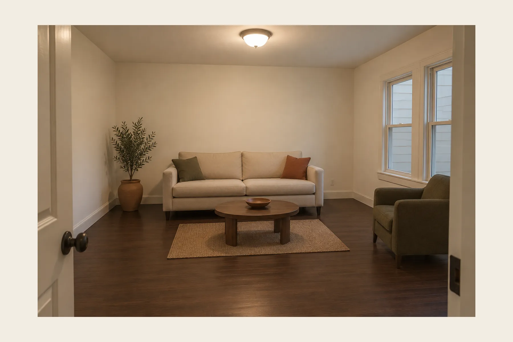 This same rented living room before: pale beige sofa and walls at one lightness, a small rug floating with bare floor around it, one ceiling light on, nothing overlapping anything.