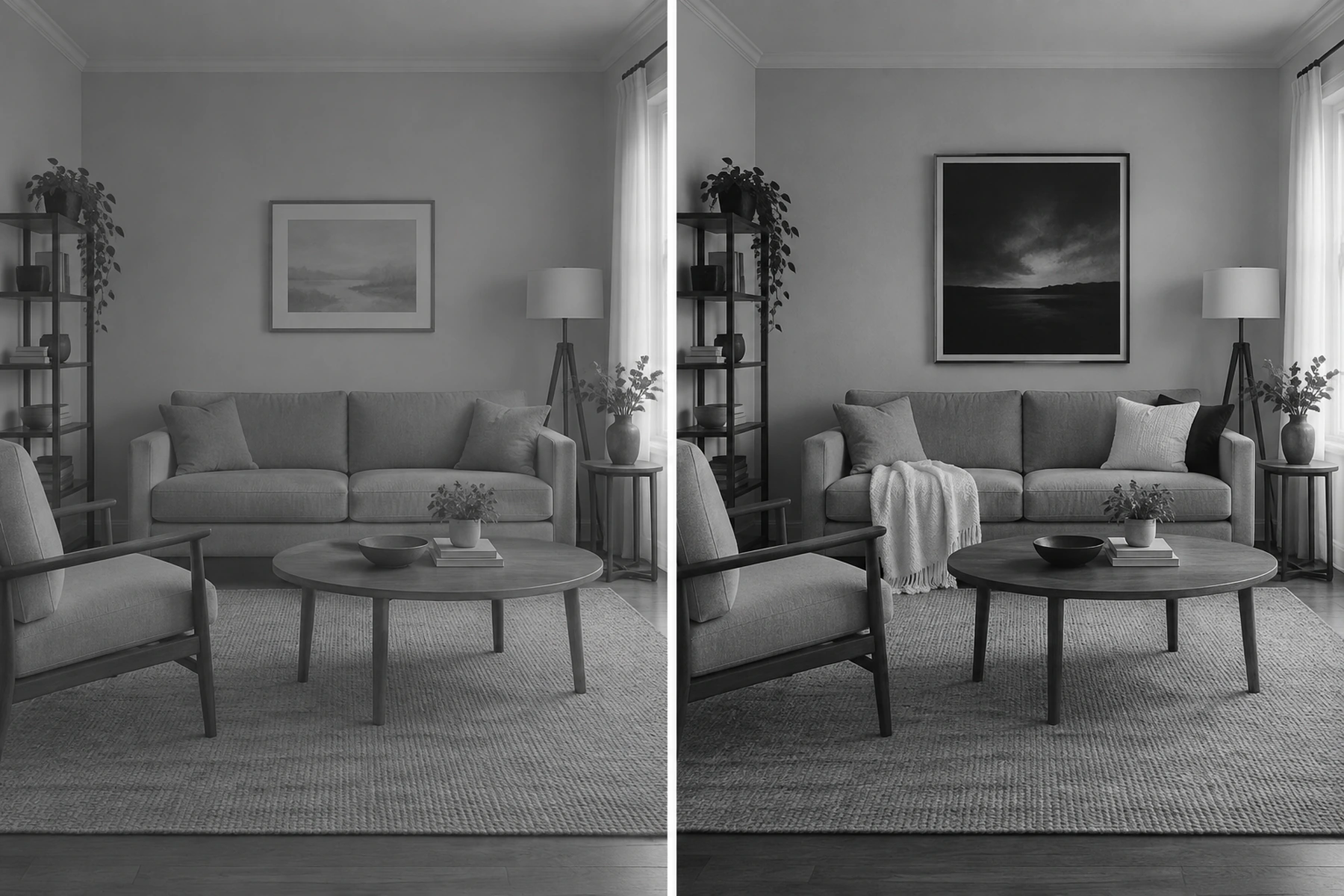 The same rented living room photographed twice from the same spot and shown side by side, both in black and white. On the left every surface falls into one narrow band of mid gray, with almost no dark and almost no light. On the right the same room after a dark framed picture has gone up at eye level and a pale throw has been laid over the sofa, so the picture now runs from near black to near white.