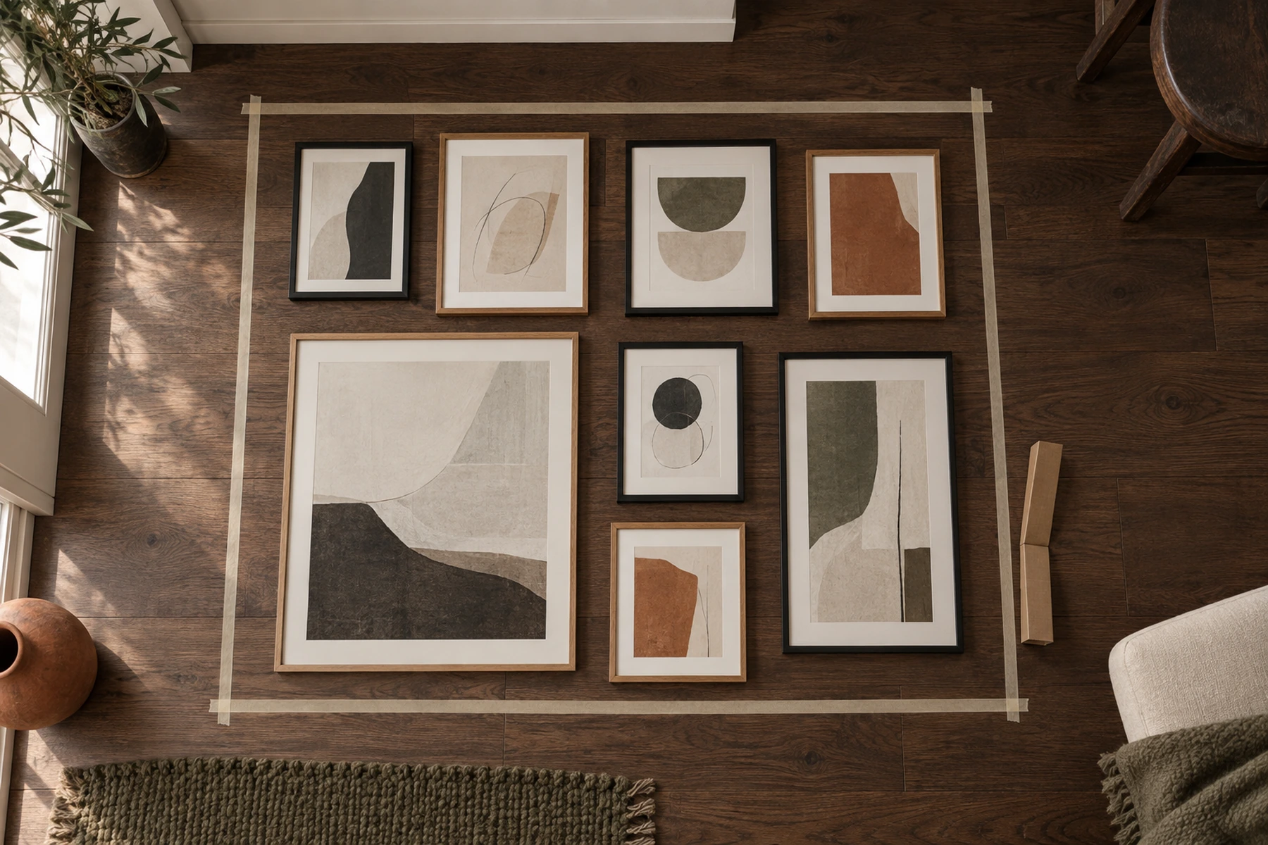 Looking straight down at eight picture frames laid out on a dark wood floor inside a rectangle marked with four strips of pale beige masking tape. The largest frame is down toward the lower left, the gaps between frames are all the same width, and a folded strip of cardboard lies beside one frame as a spacer.