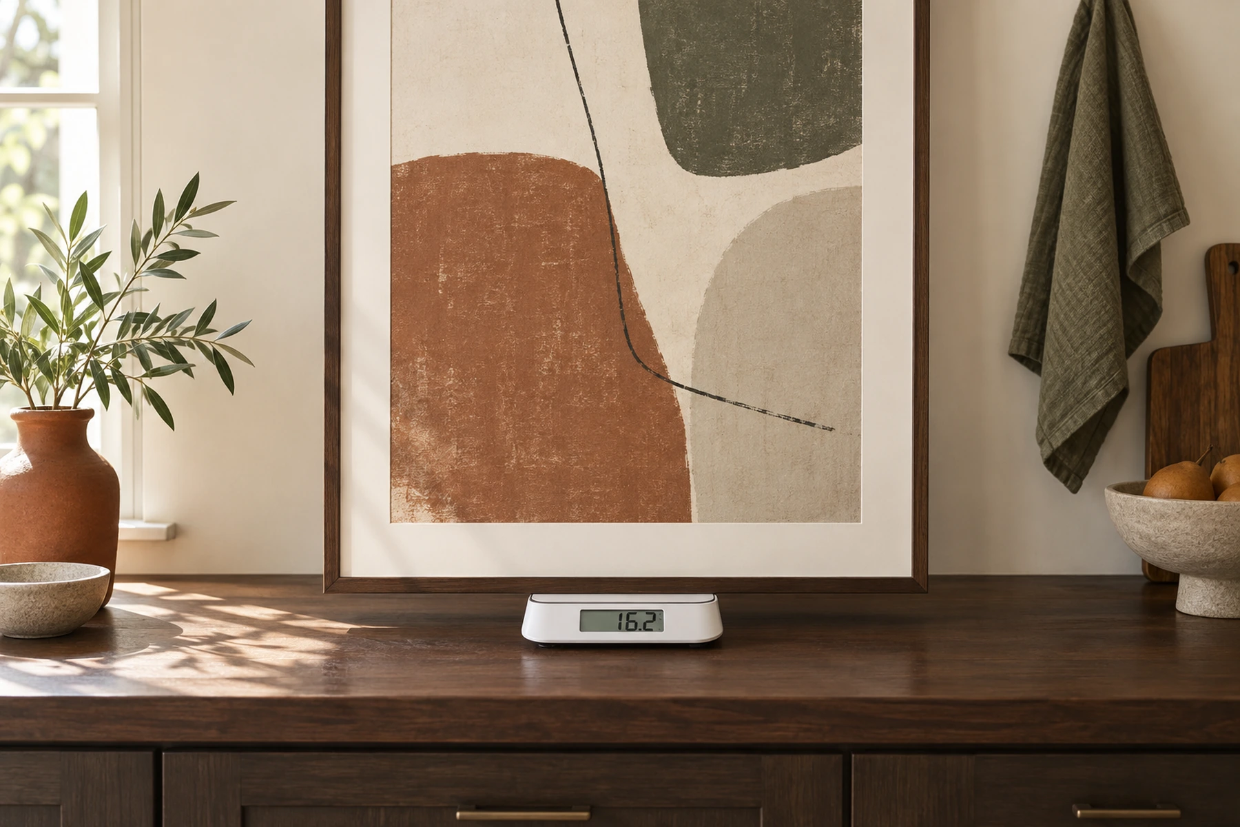 A large framed print standing on its edge on a small white kitchen scale on a dark wood counter, the display reading 16.2. A hand's width of counter is visible beside it.