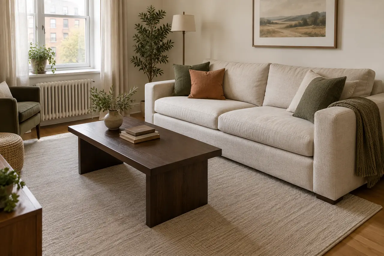 A rented living room corner: a dark walnut rectangular coffee table set at about two thirds the length of a cream sofa, a stack of books and a small vase on top, and a jute rug running under both.