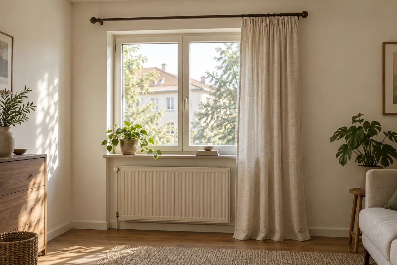 A sunlit rented bedroom window with a linen curtain hung from a high rod, brushing the floor, next to a low radiator and a potted plant on the sill.