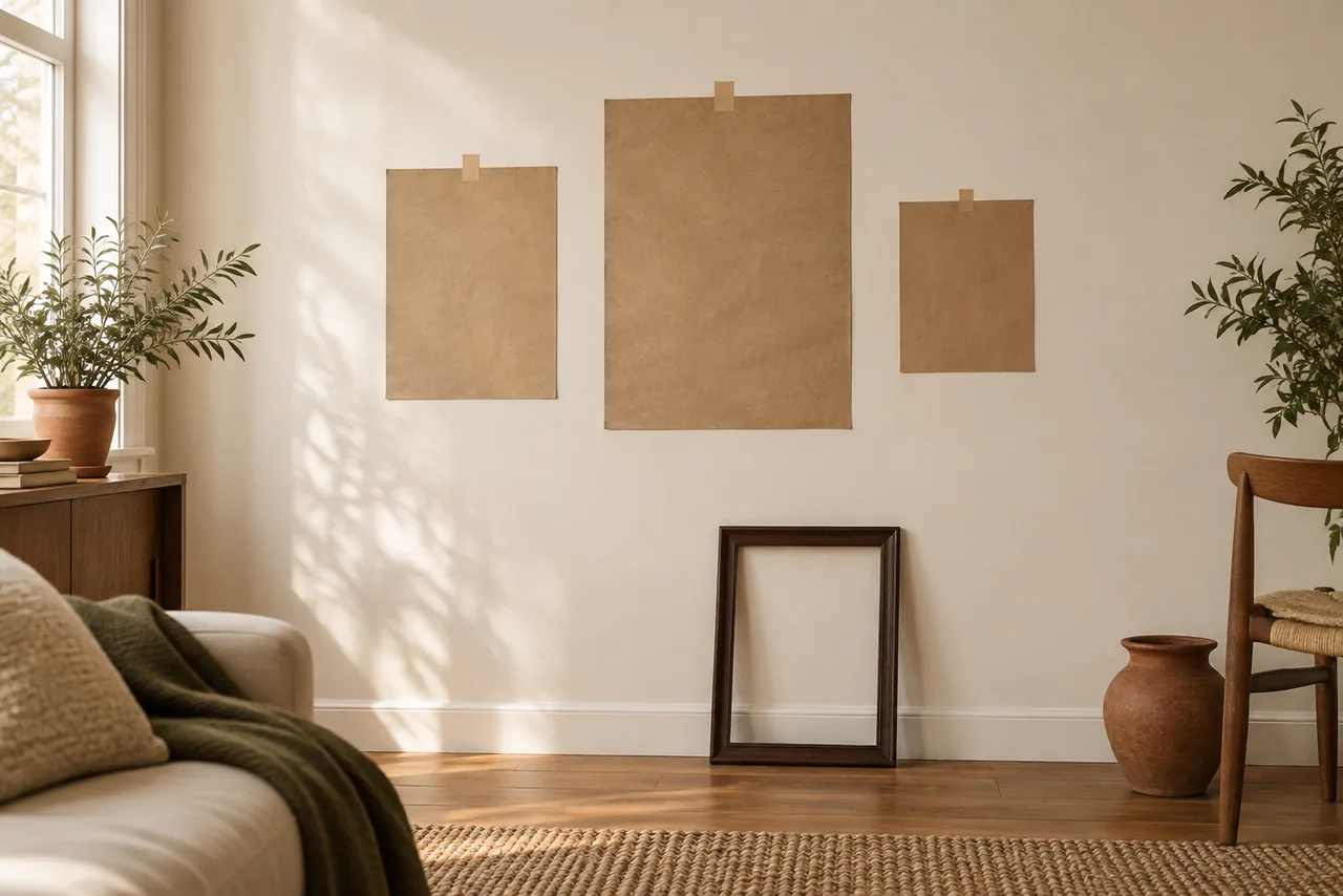 Three plain kraft paper rectangles taped to a wall in place of frames, standing in for the layout before anything is hung, with a real leaning frame and a terracotta jug on the console below.