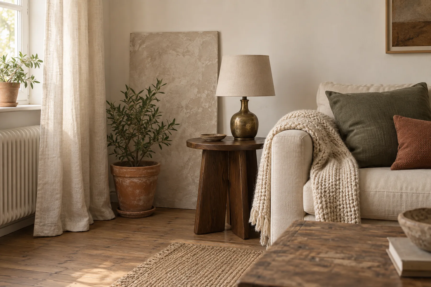 A corner of a rented living room where six materials are visible at once: a linen curtain, a walnut side table, a wool throw, a small brass lamp base, a terracotta pot and a limewashed panel leaning on the wall.