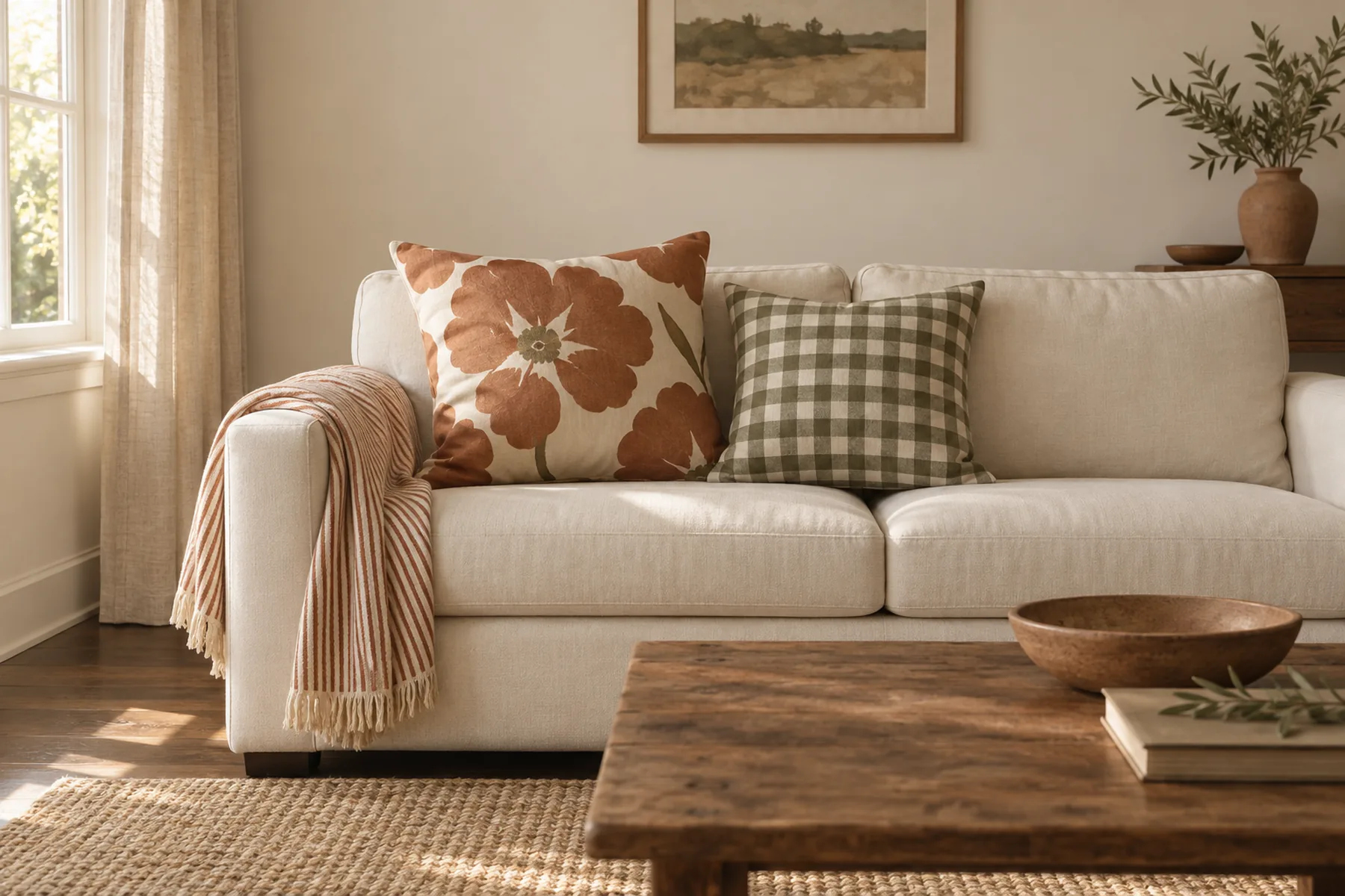 A cream sofa dressed with three patterned textiles at three visibly different sizes: a large floral cushion, a medium check cushion and a fine stripe on a folded throw.