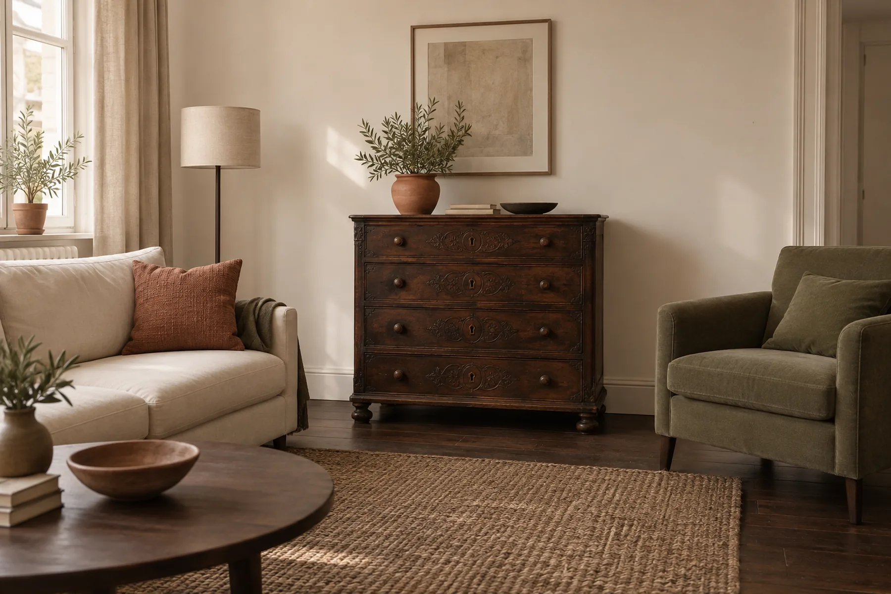 A rented living room with one carved dark wooden chest of drawers standing between a plain cream sofa and an olive armchair. The chest is the only ornate thing in the room.