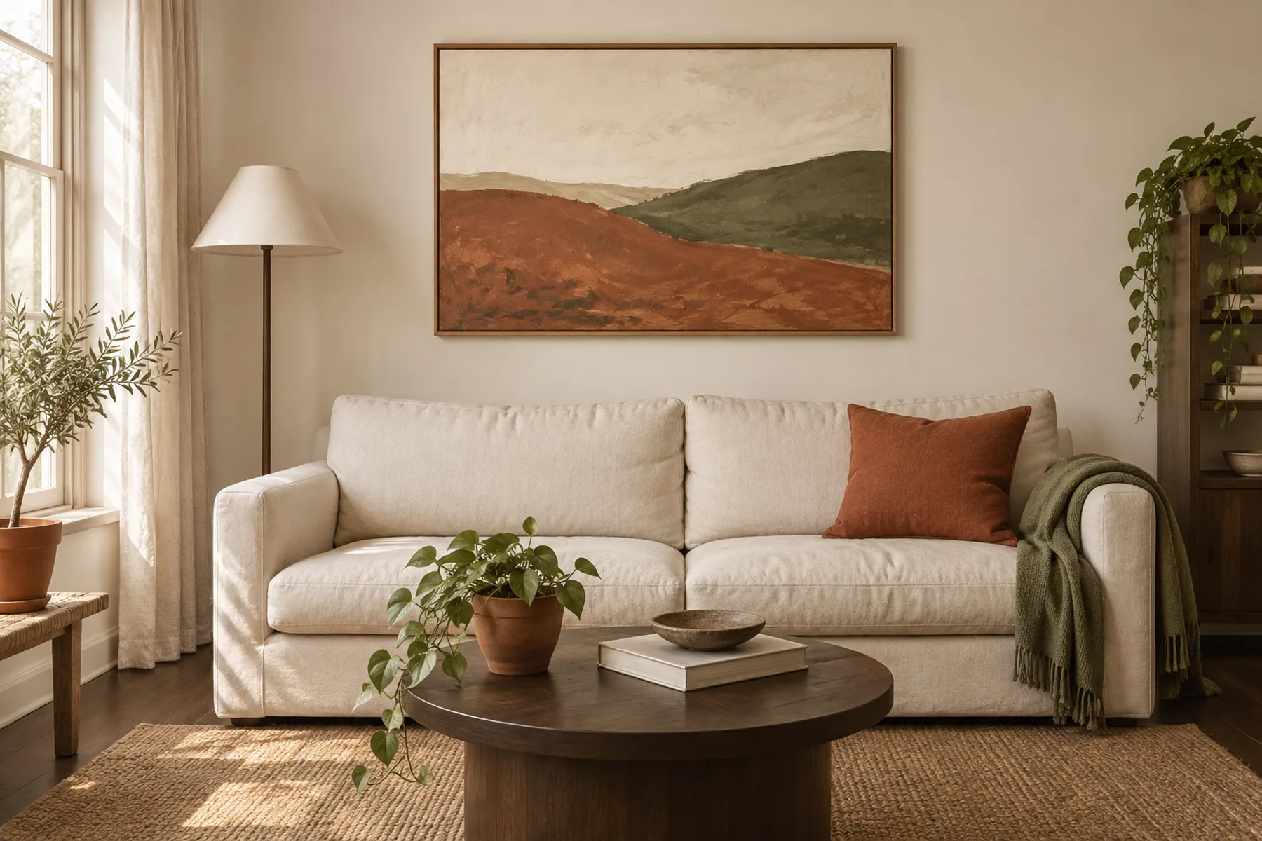 A rented living room whose colors repeat the framed painting above the sofa: warm off-white walls, a terracotta cushion and an olive throw.