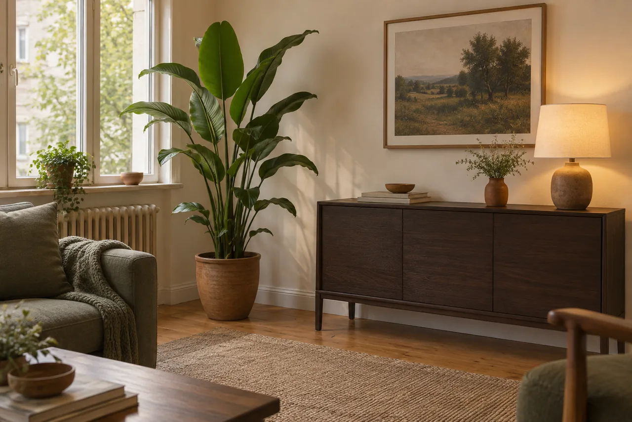 A corner of a rented living room: a tall potted plant standing well above a dark wood sideboard topped with a lit ceramic table lamp and a framed landscape print, with the arm of an olive-cushioned sofa and a knit throw at the edge of the frame.