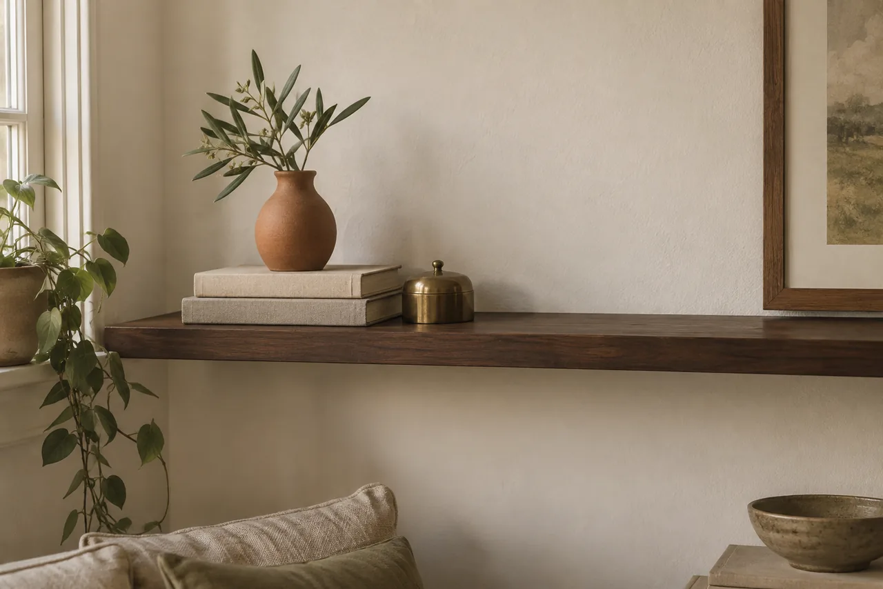A close corner of an open wood shelf against a plaster wall: a terracotta vase with an olive branch on a stack of two books, a small brass lidded pot, and the edge of a framed print leaning behind.