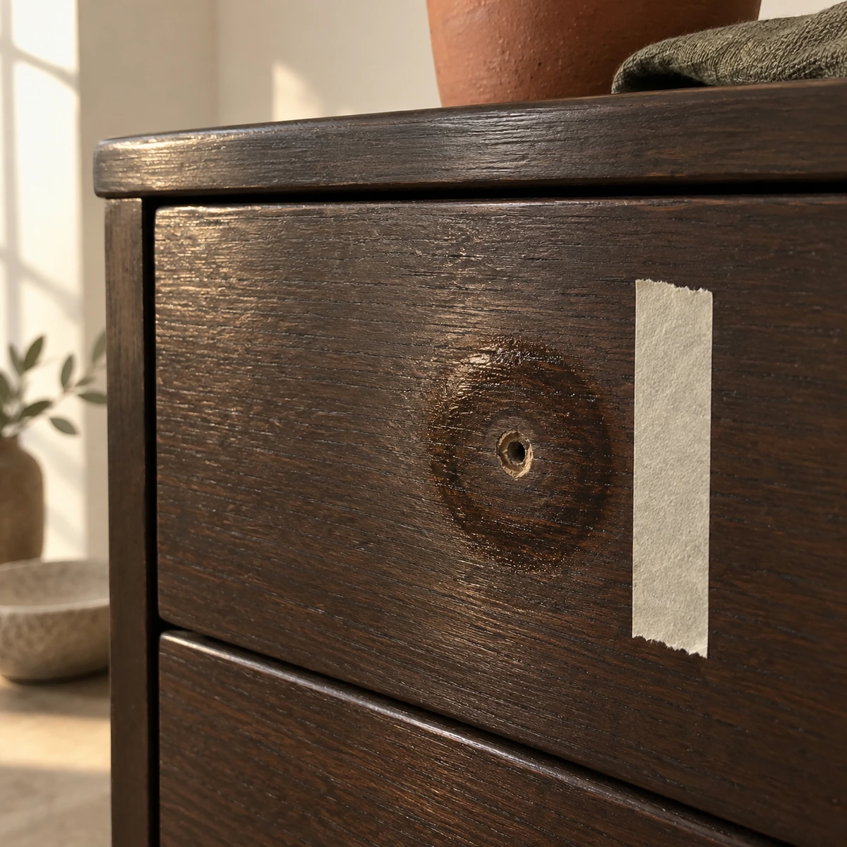 Close up of a dark wood drawer front with the knob just unscrewed. A ring of darker, slightly glossier wood surrounds the empty screw hole, wider than the knob was. A narrow strip of pale masking tape lies on the wood beside it, clearly too narrow to cover the ring.