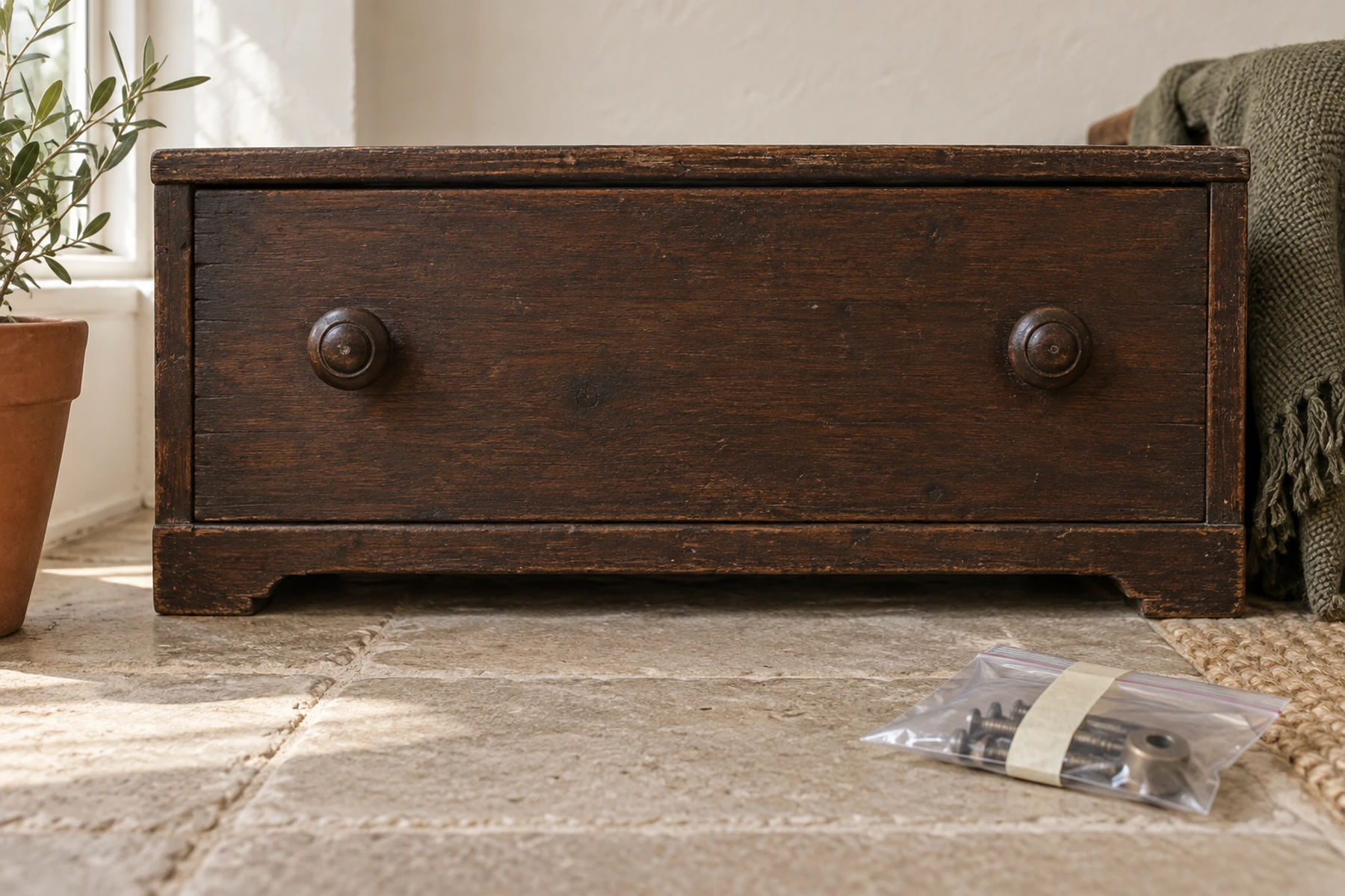 The front of an old dark wood chest photographed straight on, with both original round knobs screwed back into their original holes. The wood around them carries no other mark. On the floor beside it lies a closed zip bag of removed hardware with a strip of pale tape across it.
