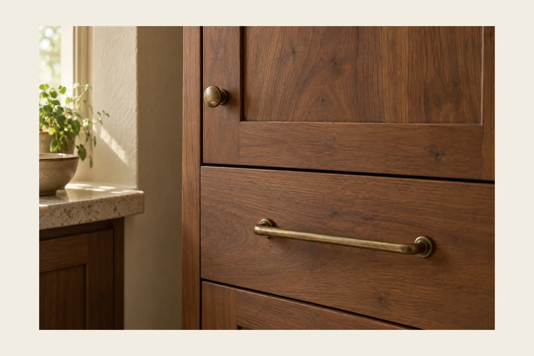 The same drawer front twice in one photo: a small round knob on one side, a long bar pull dropped into the matching holes on the other.