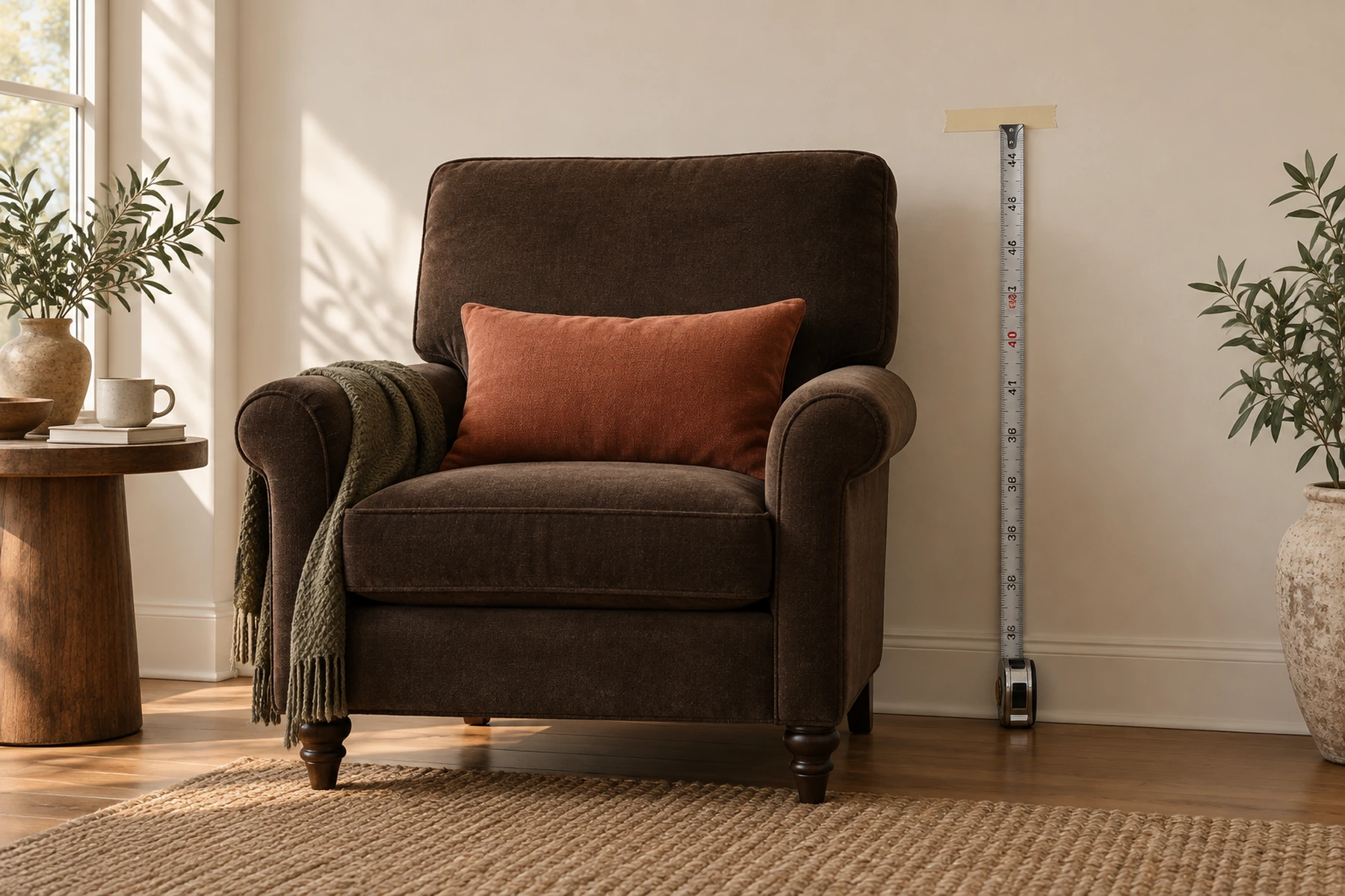 An empty brown armchair against a plain wall. A short strip of pale beige masking tape is stuck on the wall just behind the headrest, and a metal tape measure stands extended from the floor up to it, its markings readable at about forty inches.