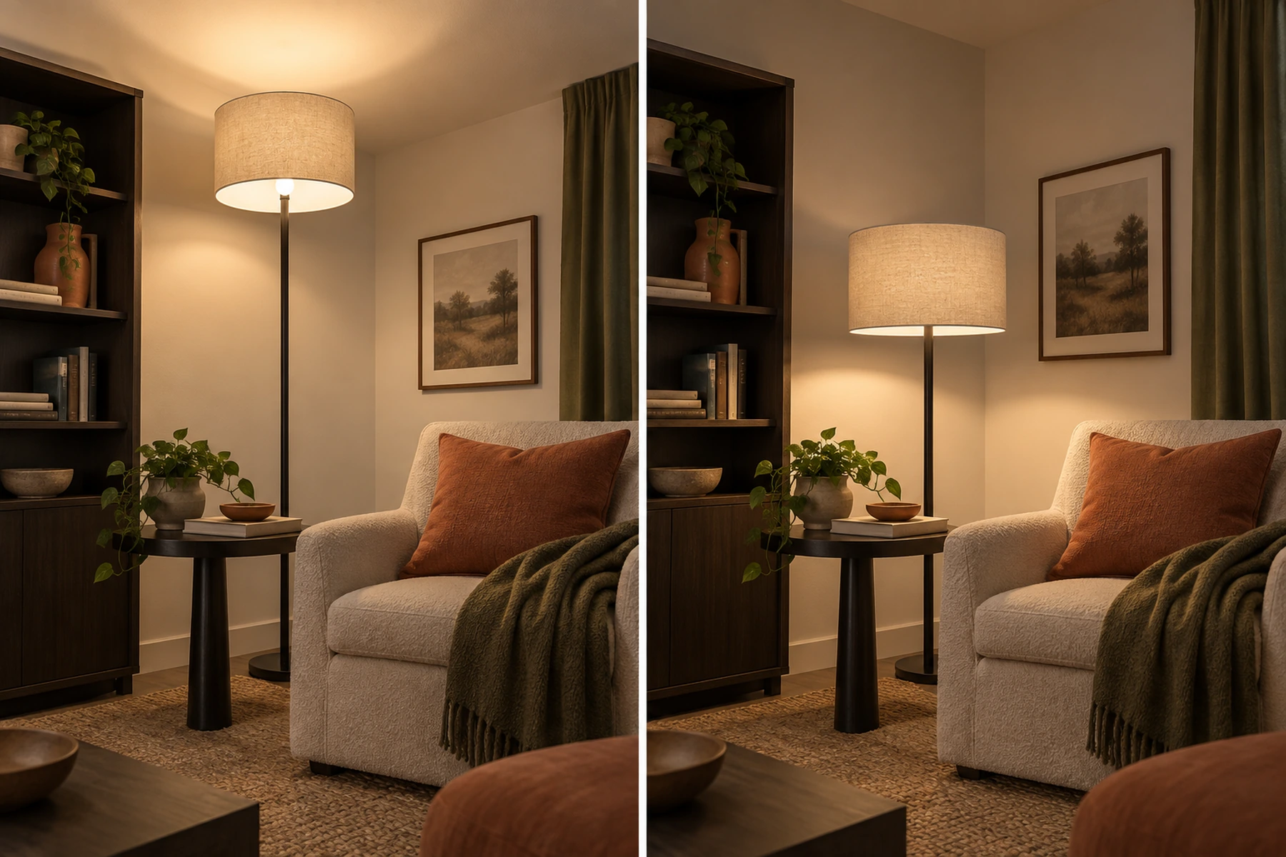 The same reading corner photographed twice side by side from a seated viewpoint. On the left the floor lamp stands with its shade well above head height, the lit bulb showing as a hard bright spot under the rim and a wide washed out pool of light spilling across the ceiling. On the right the same corner with the lamp lowered so the bottom of the shade sits at seated eye level: no bulb in sight, the ceiling dark, and a soft pool of light landing on the chair and the side table.