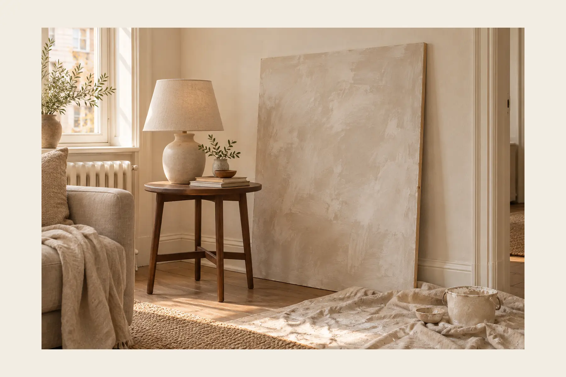 A limewashed board leaning against a rented wall in a corner, its chalky cloudy surface catching the window light, with the flat magnolia of the wall visible beside it.
