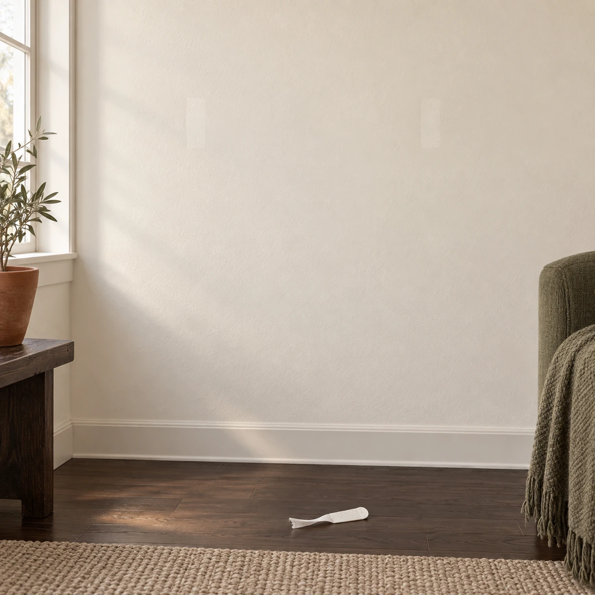 A plain off white rental wall photographed straight on after the panel has come down. Raking light picks out two faint pale rectangles at shoulder height, a couple of feet apart, where the adhesive strips sat. There is no hole, no filler and no scuff anywhere on the wall. A used plain white strip with its tab stretched out lies on the floor below.