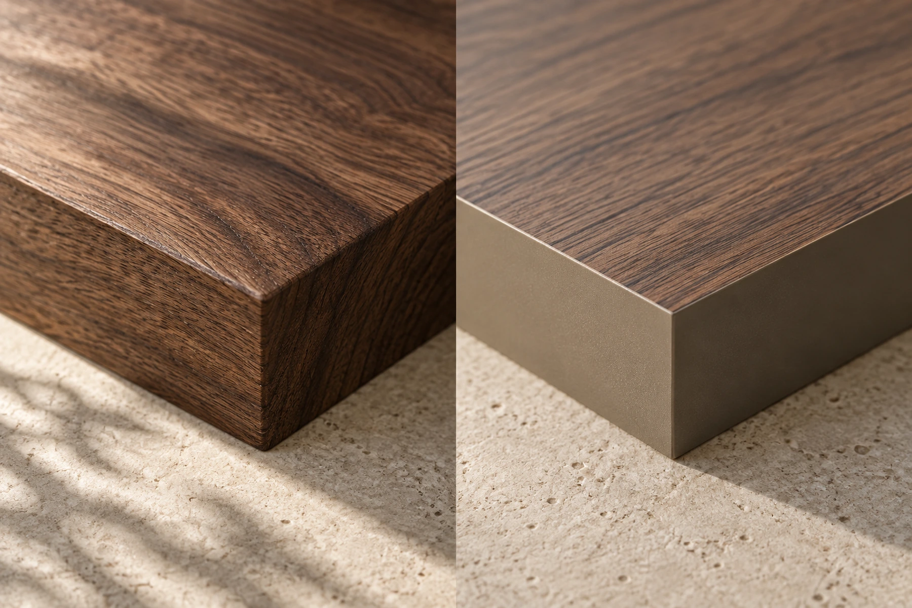 Two wooden panel corners photographed very close and side by side at the same angle. On the left, solid wood where the grain on the top face turns the corner and carries on down the edge as completely different end grain. On the right, a board where the printed grain of the top stops dead in a hard line at the corner and the edge below it is a flat, unrelated pale tone.