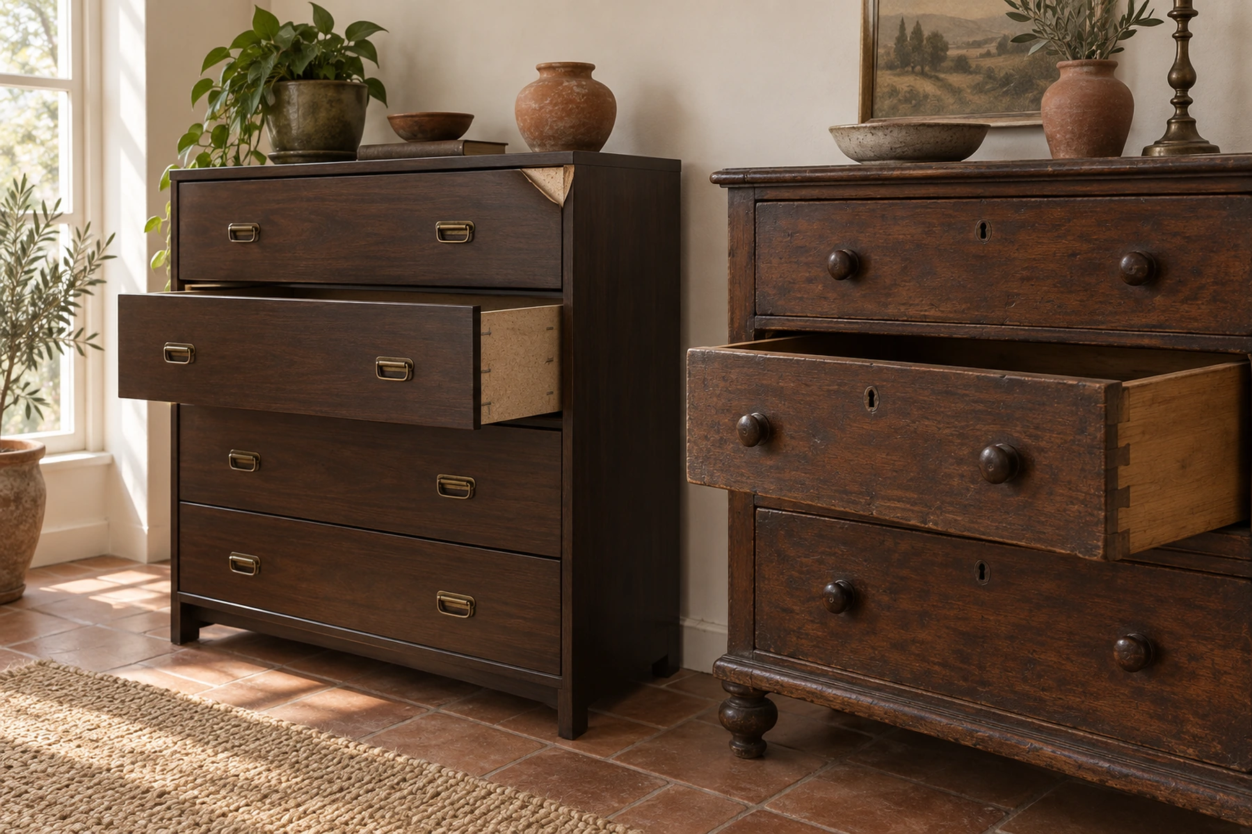 Two second hand chests of drawers photographed side by side against the same wall in the same light, both dark brown and similar in shape. On the left, a reproduction with one drawer pulled out to show a pale chipboard side, and a corner of the veneer lifted on the top edge. On the right, an older solid piece with one drawer pulled out to show a dovetailed solid timber side and a worn but continuous edge.