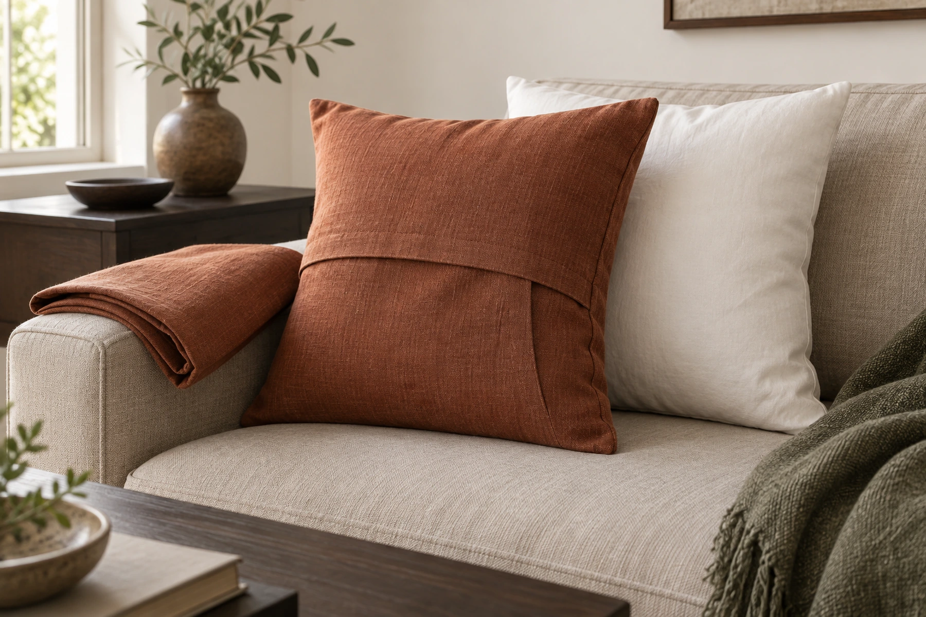 Two cushions on the arm end of a plain sofa, seen close and slightly from above. The front one wears a finished rust linen cover, turned just far enough to show the overlapping envelope opening on its back, with no zip and no buttons. Behind it stands the plain white insert it replaced. A folded length of the same rust linen rests on the sofa arm.