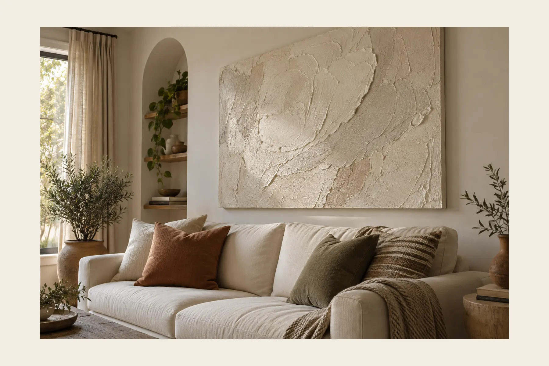 A 24 by 36 inch textured plaster canvas hanging above a cream sofa with rust, olive and striped cushions, next to an arched niche with shelves and a potted olive tree by the window.