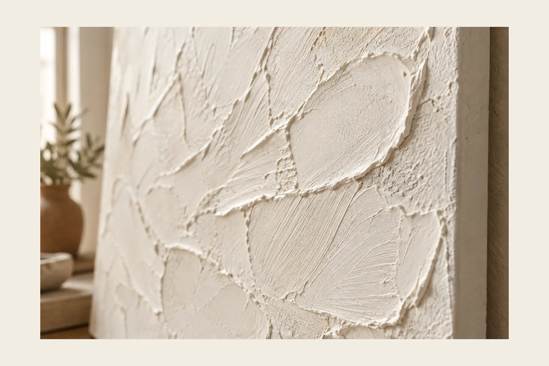 Macro shot of the dried joint compound ridges, thin and irregular, catching side light with bare canvas showing between them.
