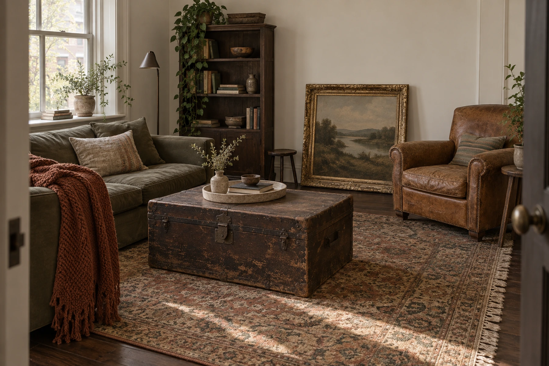 A rented living room photographed from the doorway, furnished entirely from secondhand pieces: a battered wooden trunk used as a coffee table with a plain tray and two bowls on it, a chipped gilt frame holding a landscape leaning against the wall, a worn tan leather armchair, a dark bookcase with trailing ivy, an olive sofa under a rust knit throw, and a faded patterned rug with the afternoon light falling diagonally across it.