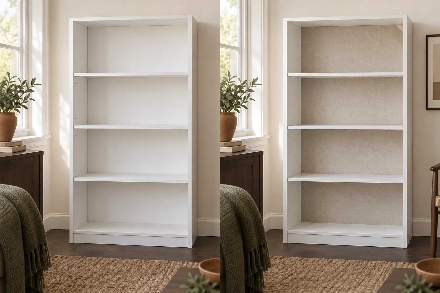 The same cheap white melamine bookcase photographed twice side by side, empty both times. On the left the bare white back panel. On the right the same back panel lined with a plain textured paper in a warm stone tone, the shelves and frame unchanged, one corner of the sheet visibly just applied over the top.