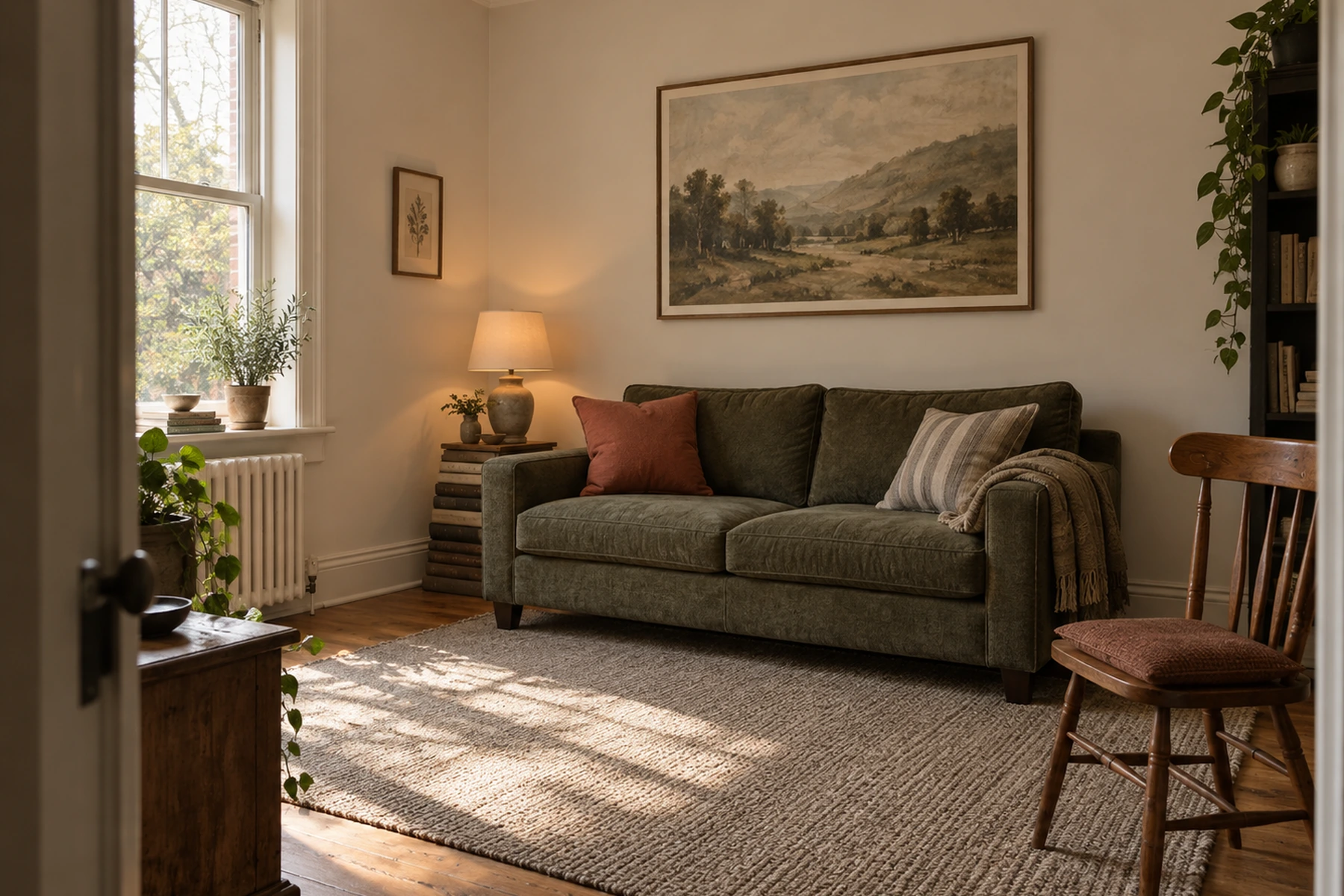 A small rented living room photographed from the doorway: an olive two seat sofa against the long wall under one large framed landscape, a stack of books with a ceramic table lamp on top standing in for a side table, a mismatched wooden dining chair turned to face the sofa, and a jute rug on bare floorboards, with the window light coming in from the left.