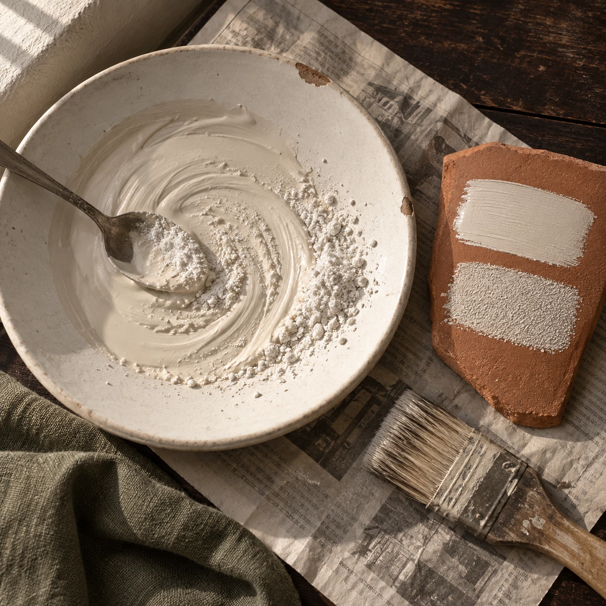 Looking straight down at a chipped white bowl on newspaper, holding warm cream paint with a spoonful of white powder half stirred into it and the grains still visible in the swirl. Beside it, a shard of terracotta carries two brushed swatches: the upper one smooth and faintly sheened, the lower one visibly gritty and dead matte. A splayed chip brush lies on the newspaper.