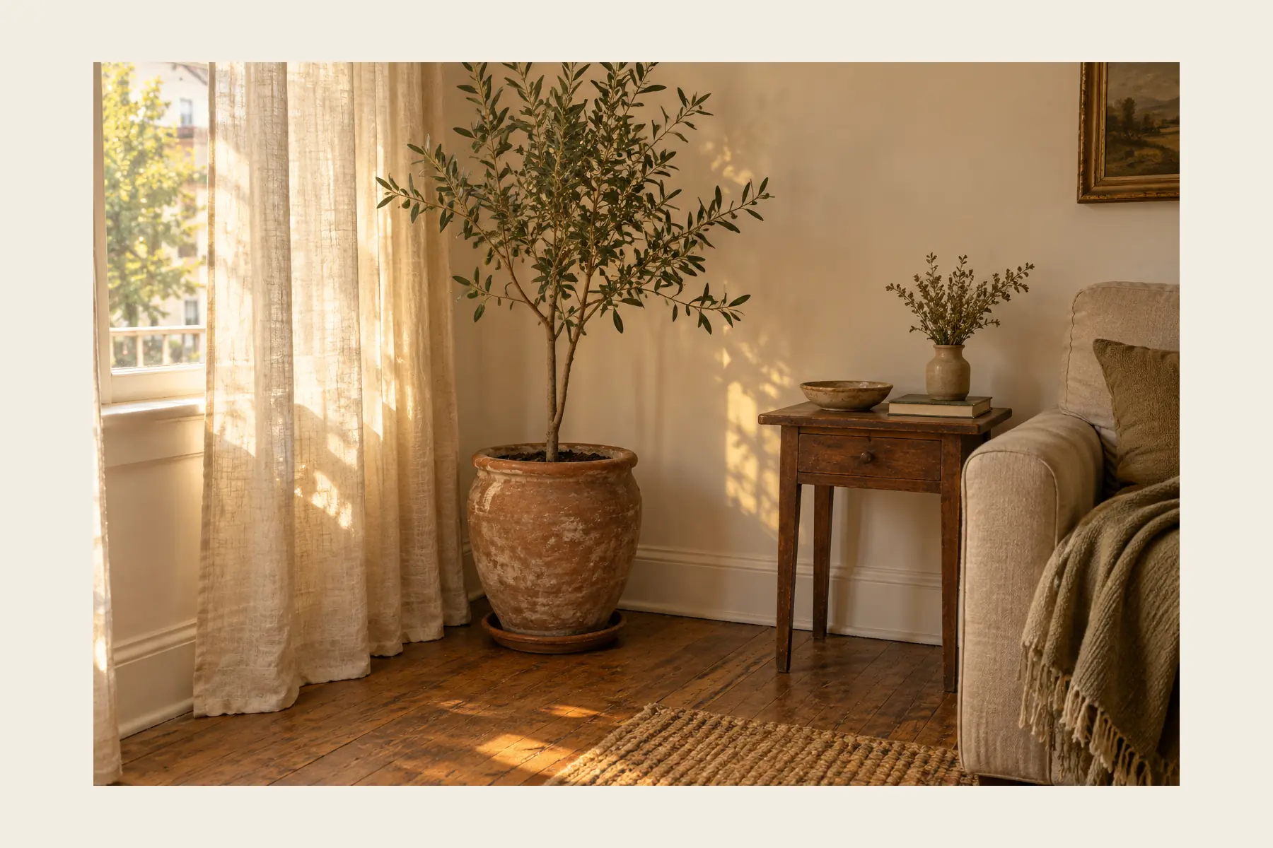 A corner of a rented living room in low sun: floor length oatmeal linen curtains at the window, a large unglazed terracotta pot with an olive tree standing on its saucer on the wooden floor, a small wooden side table with a bowl, books and a vase, and a wool throw with a fringe over the arm of a cream sofa.