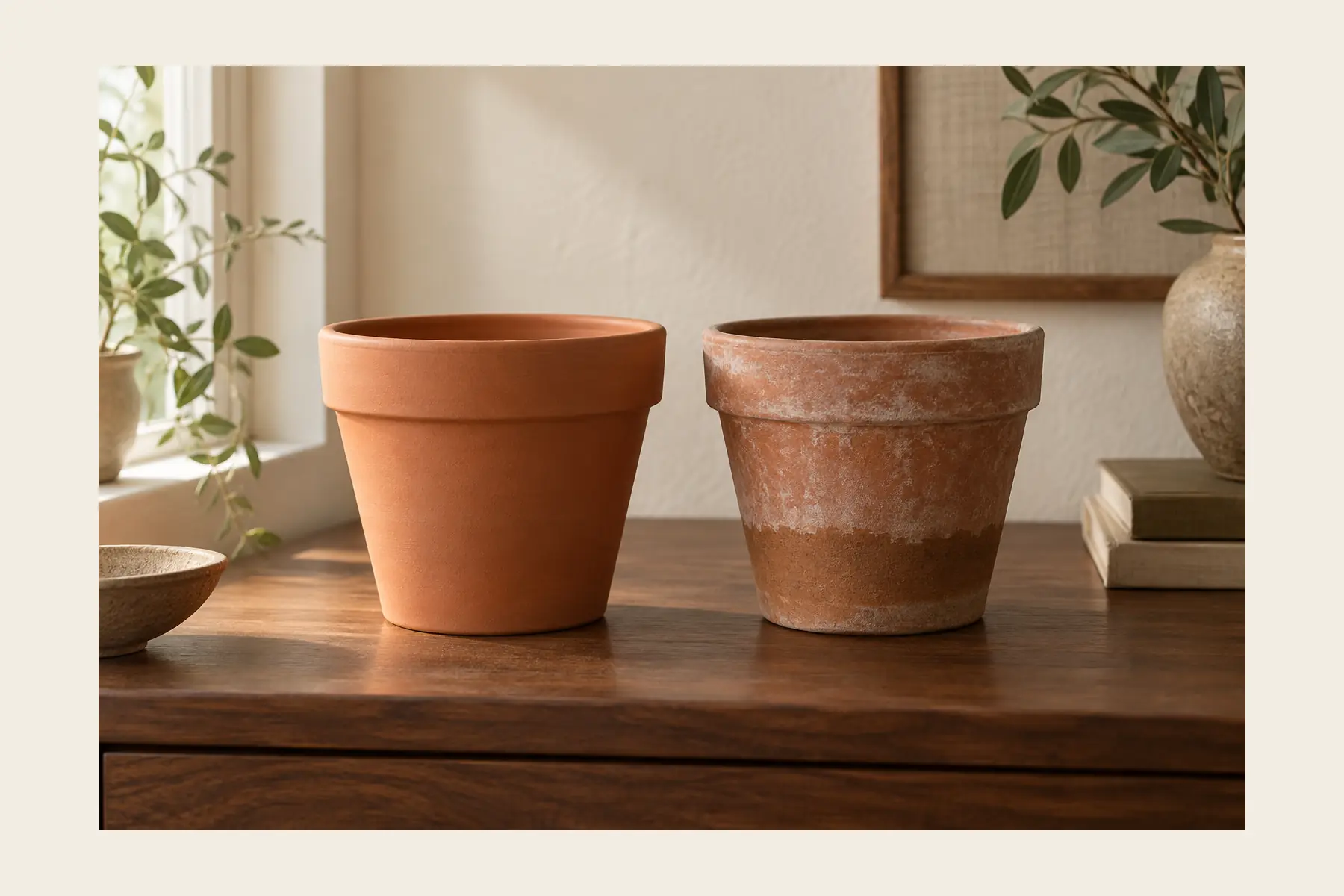 Two terracotta pots side by side: one unglazed and chalky with a pale bloom up one side, the other sealed and evenly orange with a wet looking sheen.