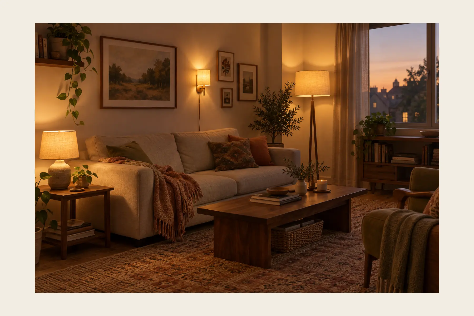 The two sconces and the pendant all lit at once, three separate pools of light at three different heights in the same room.